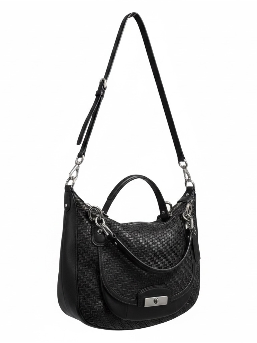 Coach Black Woven Leather Shoulder Bag with Silver Hardware Kristen‎